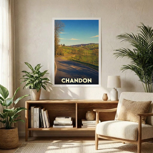 Affiche souvenir de la ville de Chandon illustrant une route de campagne sinueuse au soleil couchant.