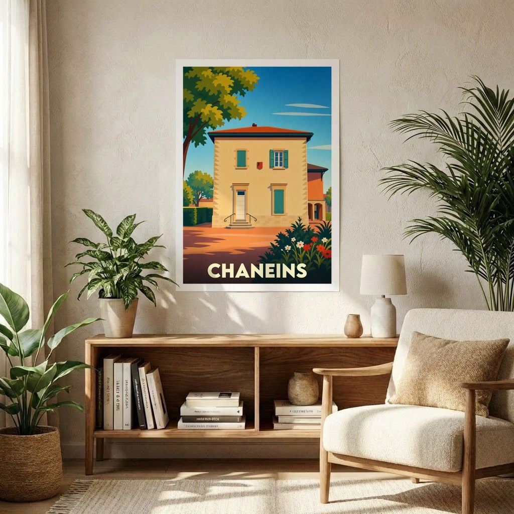 Affiche souvenir de la ville de Chaneins avec une illustration stylisée d'une maison traditionnelle.