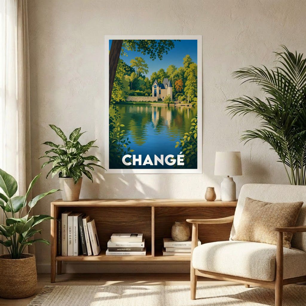 Affiche souvenir de la ville de Changé avec une illustration stylisée représentant un château au bord de l'eau.