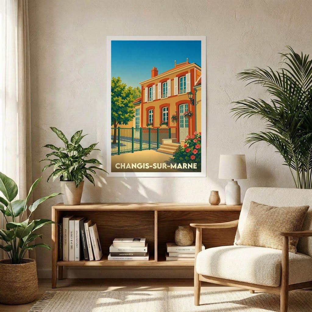 Affiche souvenir de la ville de Changis-sur-Marne avec une illustration stylisée d'une maison traditionnelle colorée.