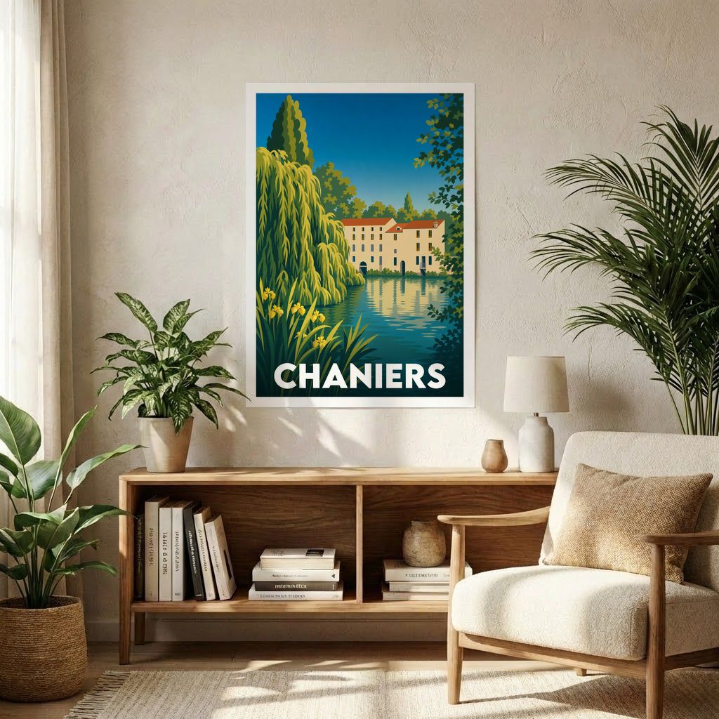Affiche souvenir de la ville de Chaniers avec une illustration stylisée d'un paysage fluvial.