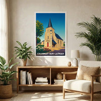 Affiche souvenir de la ville de Channay-sur-Lathan avec une illustration stylisée de son église.