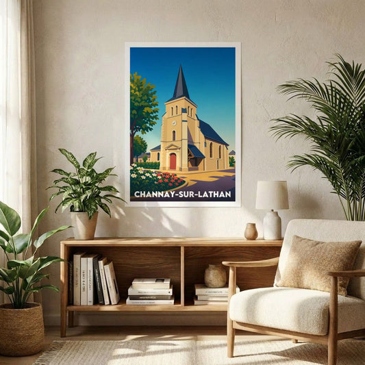 Affiche souvenir de la ville de Channay-sur-Lathan avec une illustration stylisée de son église.