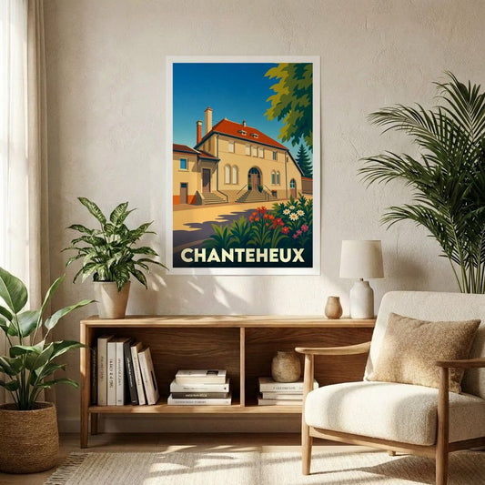 Affiche souvenir de la ville de Chanteheux représentant une demeure de style classique avec une illustration colorée et épurée.
