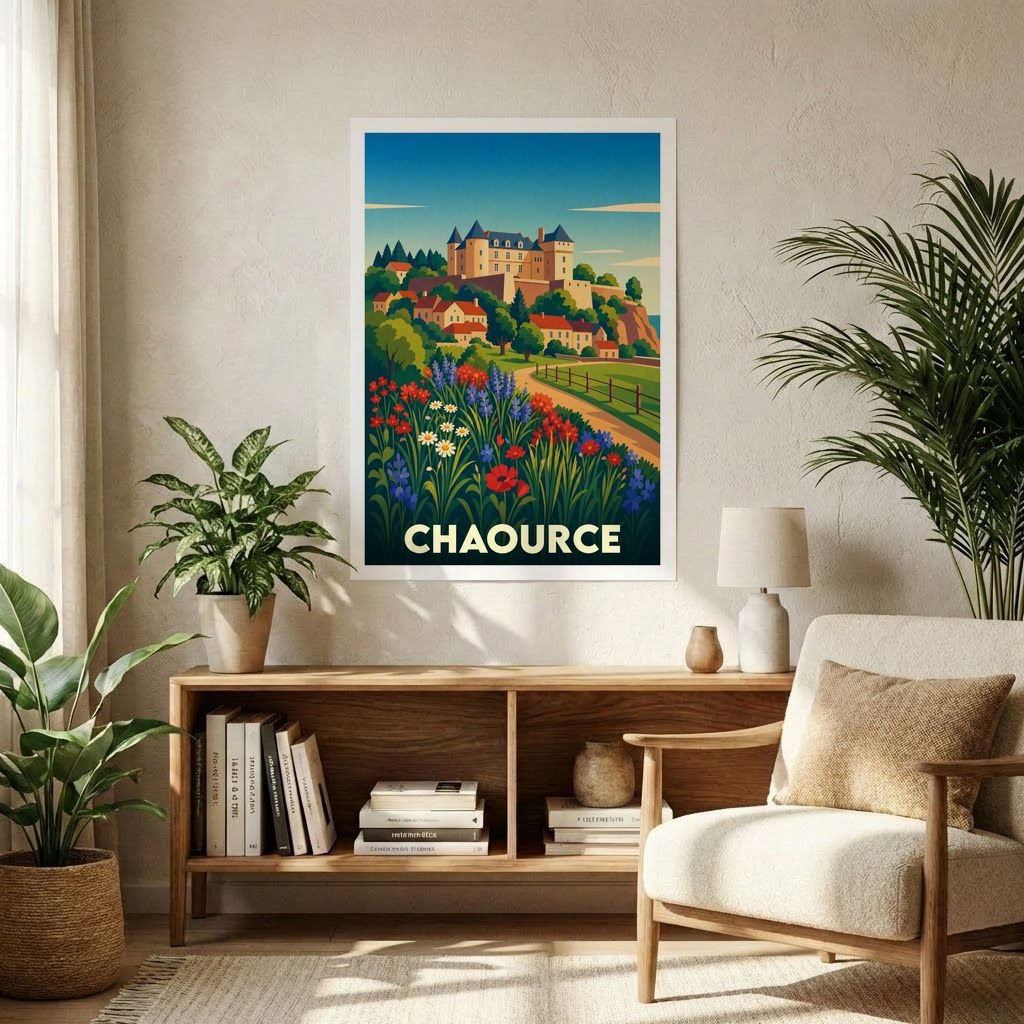 Affiche souvenir de la ville de Chaource avec une illustration stylisée d'un château surplombant un village et des champs fleuris.