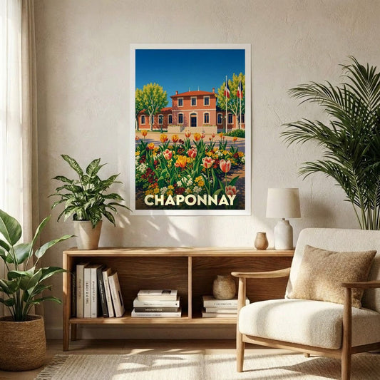 Affiche souvenir de la ville de Chaponnay avec une illustration stylisée et colorée de son hôtel de ville fleuri.