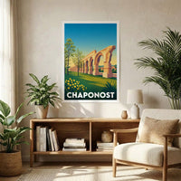 Affiche souvenir de la ville de Chaponost illustrant son célèbre aqueduc romain dans un style vintage coloré.