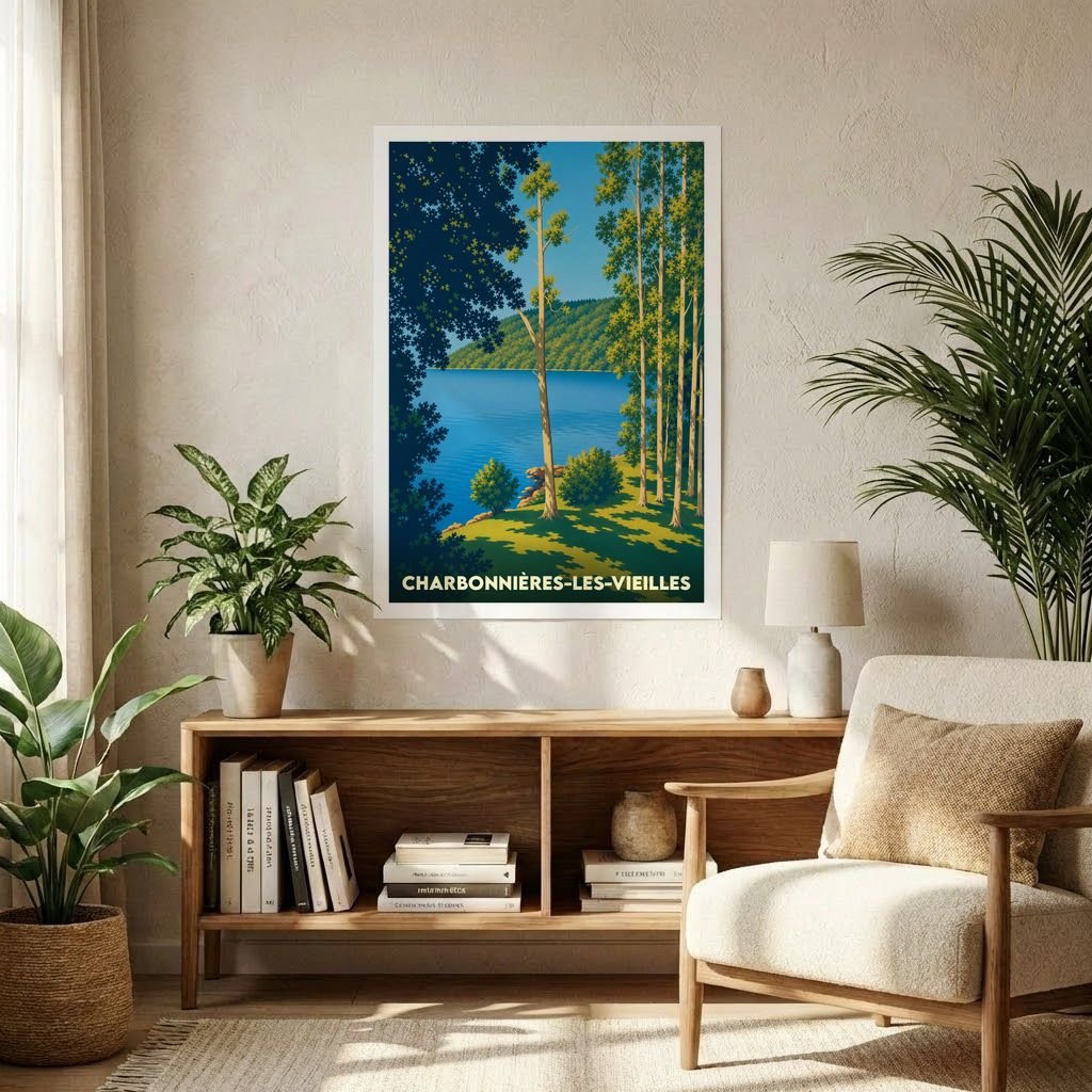 Affiche souvenir de la ville de Charbonnières-les-Vieilles illustrant un lac entouré d'une forêt dans un style vintage.