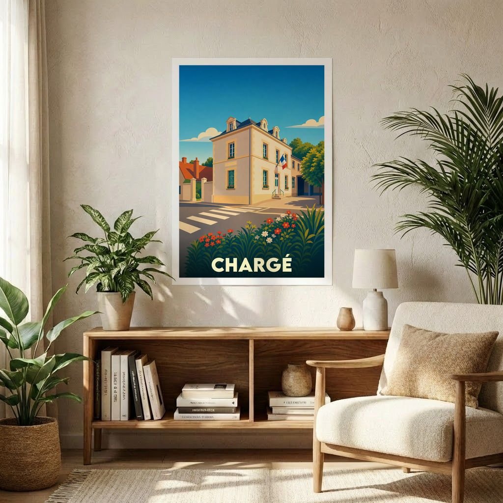 Affiche souvenir de la ville de Chargé avec une illustration stylisée d'un bâtiment emblématique.
