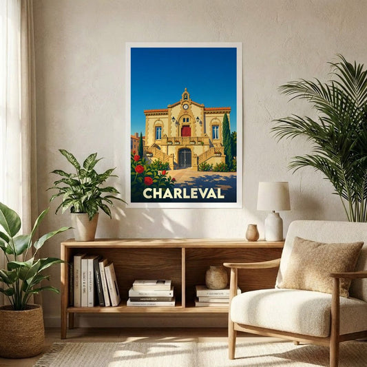 Affiche souvenir de la ville de Charleval avec une illustration stylisée de son hôtel de ville.