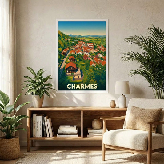 Affiche souvenir de la ville de Charmes avec une illustration stylisée et colorée.