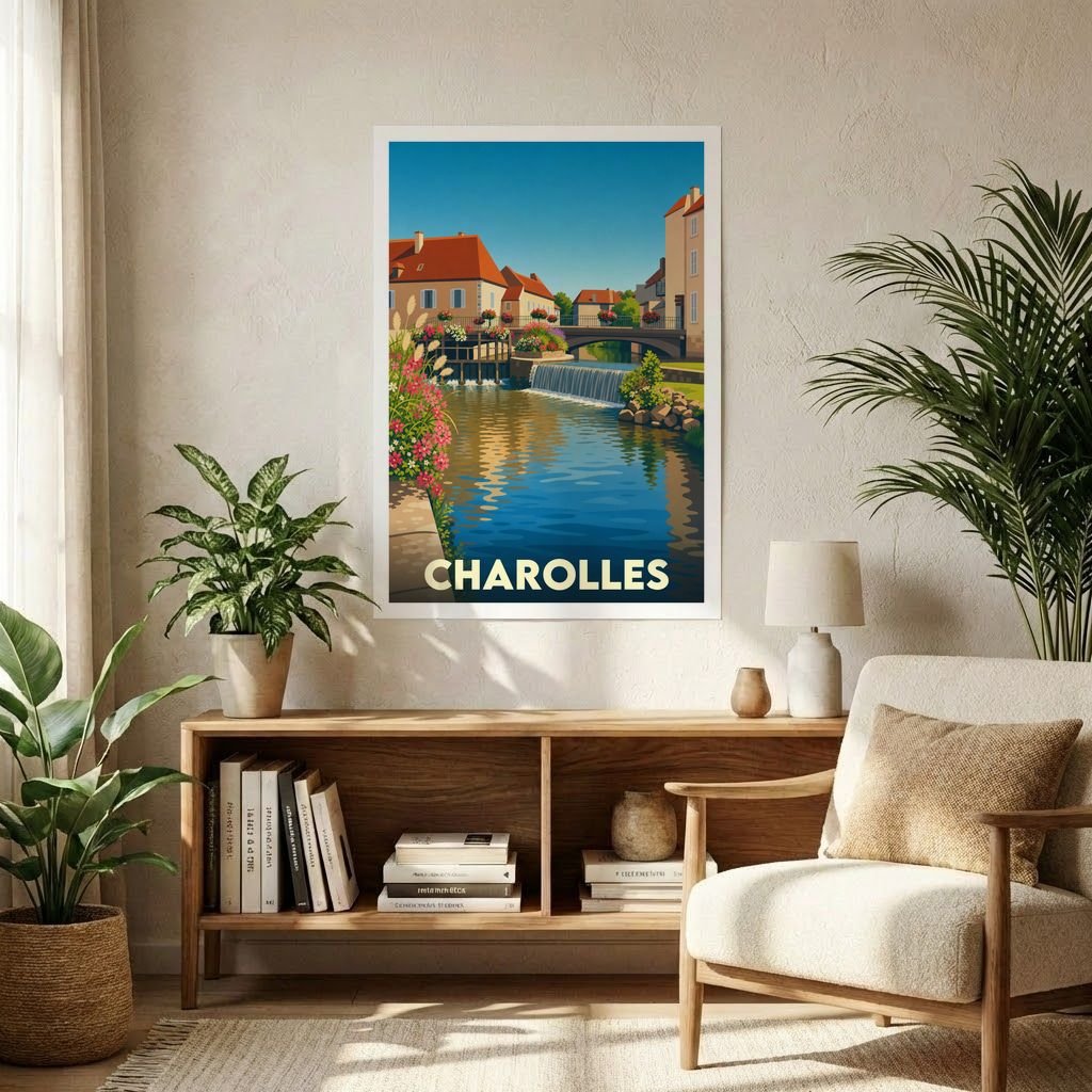 Affiche souvenir de la ville de Charolles avec une illustration stylisée d'un cours d'eau fleuri.