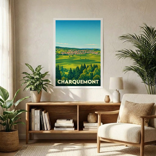 Affiche souvenir de la ville de Charquemont avec une illustration stylisée d'un paysage verdoyant.