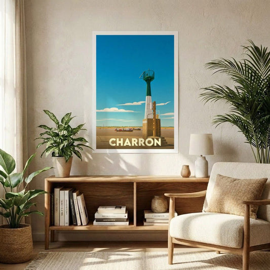 Affiche souvenir de la ville de Charron représentant son phare dans un style graphique épuré.