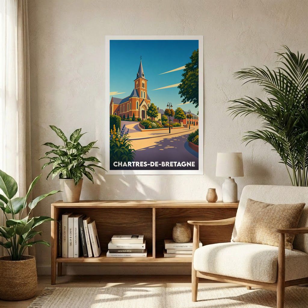Affiche souvenir de la ville de Chartres-de-Bretagne avec une illustration stylisée de son église et de ses rues ensoleillées.