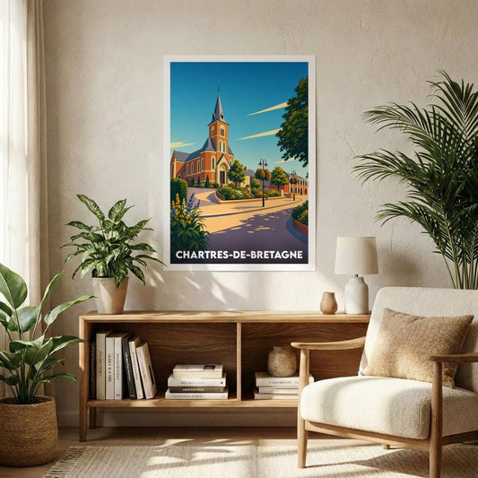 Affiche souvenir de la ville de Chartres-de-Bretagne avec une illustration stylisée de son église et de ses rues ensoleillées.