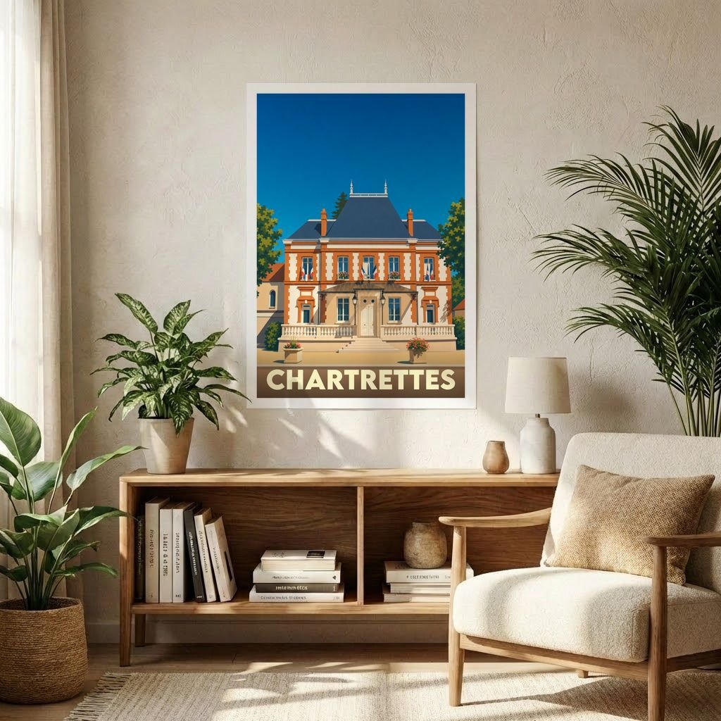 Affiche souvenir de la ville de Chartrettes illustrant sa mairie dans un style graphique épuré.