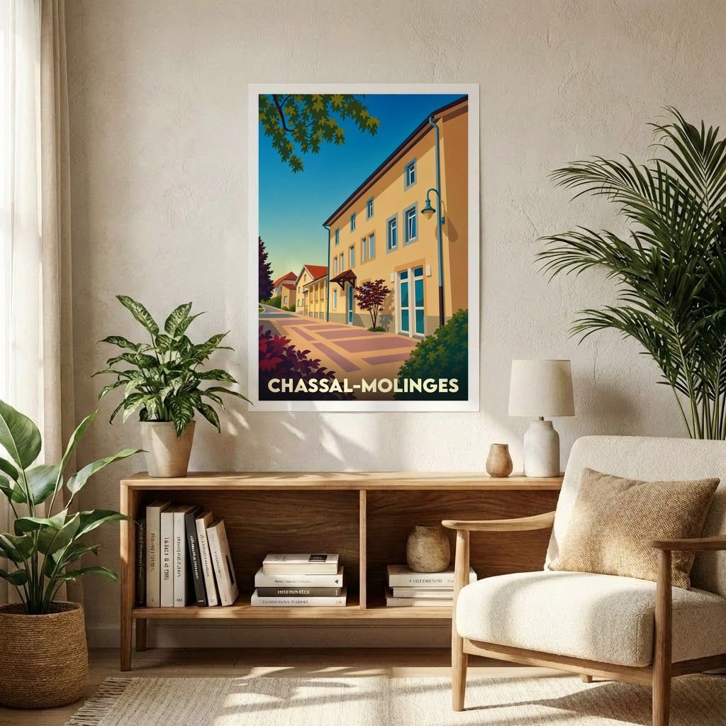Affiche souvenir de la ville de Chassal-Molinges présentant une illustration stylisée d'une rue ensoleillée.