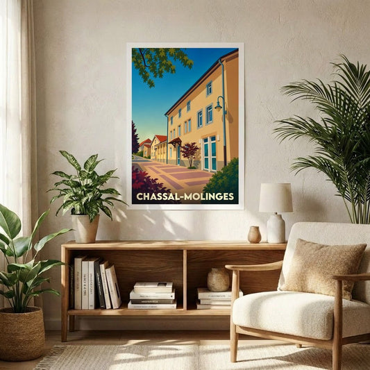 Affiche souvenir de la ville de Chassal-Molinges présentant une illustration stylisée d'une rue ensoleillée.