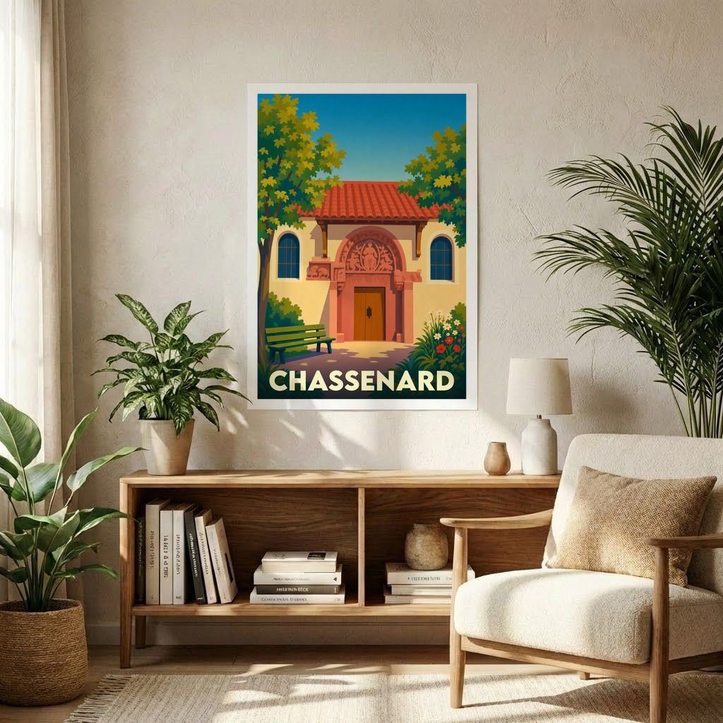 Affiche souvenir de la ville de Chassenard avec une illustration stylisée d'un bâtiment historique et de sa nature environnante.