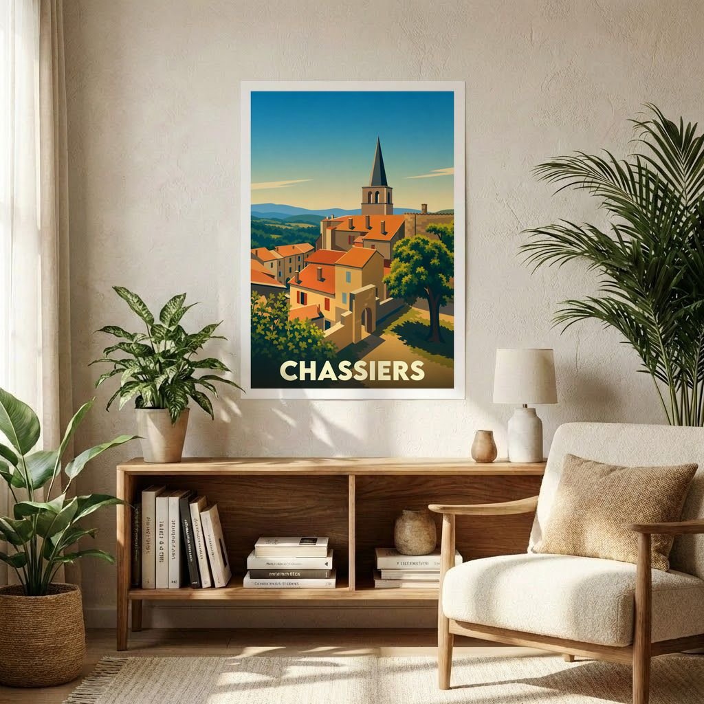 Affiche souvenir de la ville de Chassiers avec une illustration stylisée d'un village médiéval sous un ciel bleu.