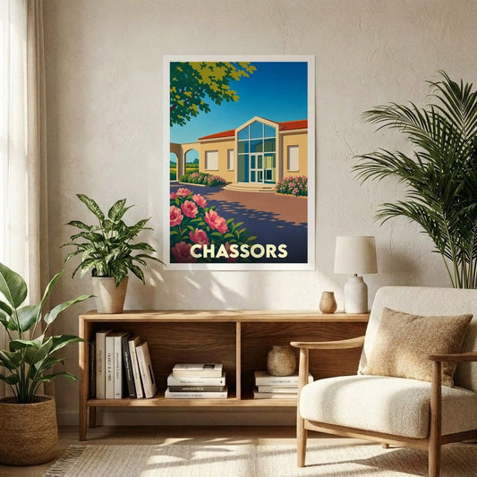 Affiche souvenir de la ville de Chassors avec une illustration stylisée d'un bâtiment ensoleillé et fleuri.