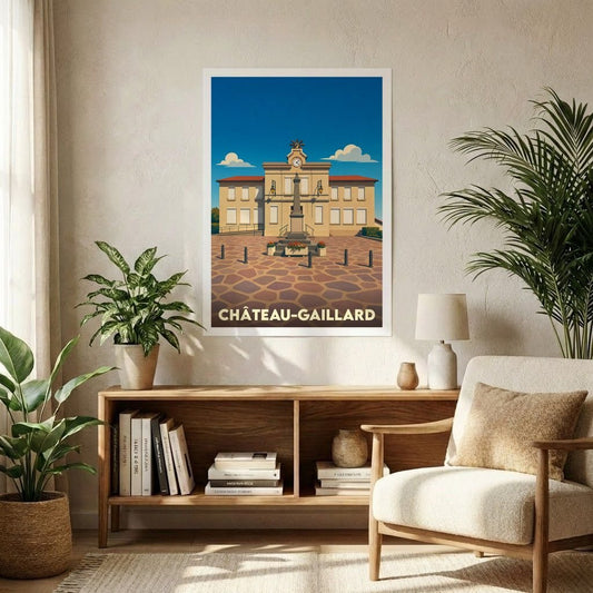 Affiche souvenir de la ville de Château-Gaillard avec une illustration stylisée de son hôtel de ville.