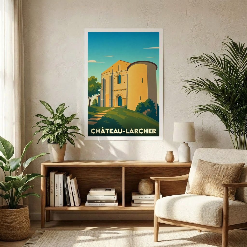 Affiche souvenir de la ville de Château-Larcher représentant son église fortifiée dans un style graphique rétro.
