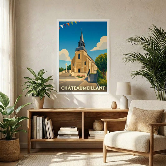 Affiche souvenir de la ville de Châteaumeillant illustrant son église dans un style graphique rétro.