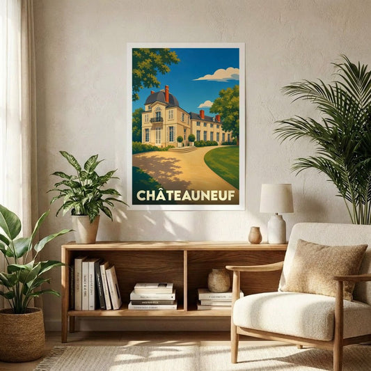 Affiche souvenir de la ville de Châteauneuf représentant une demeure historique dans un style graphique rétro.