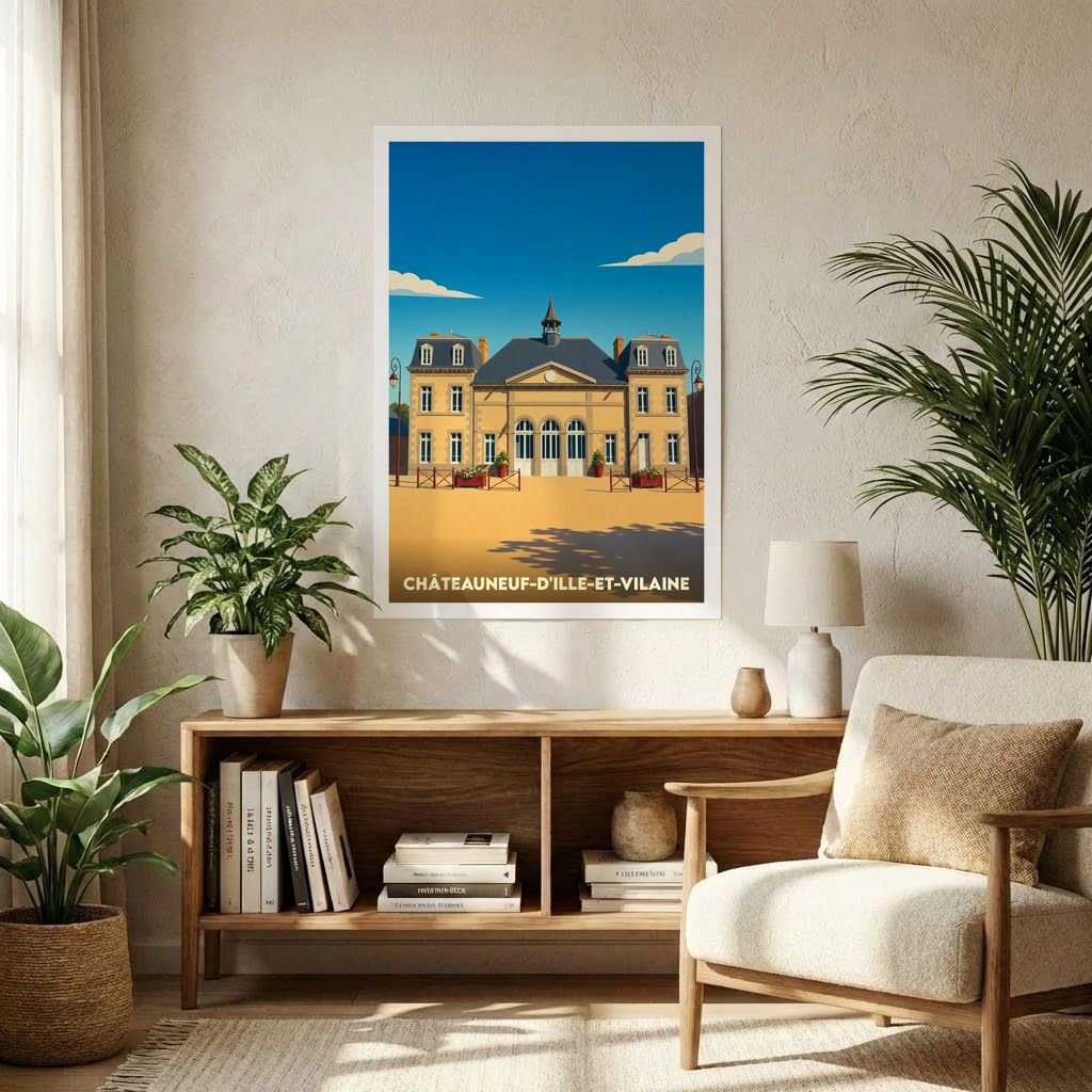 Affiche souvenir de la ville de Châteauneuf-d'Ille-et-Vilaine avec une illustration stylisée de son architecture emblématique.