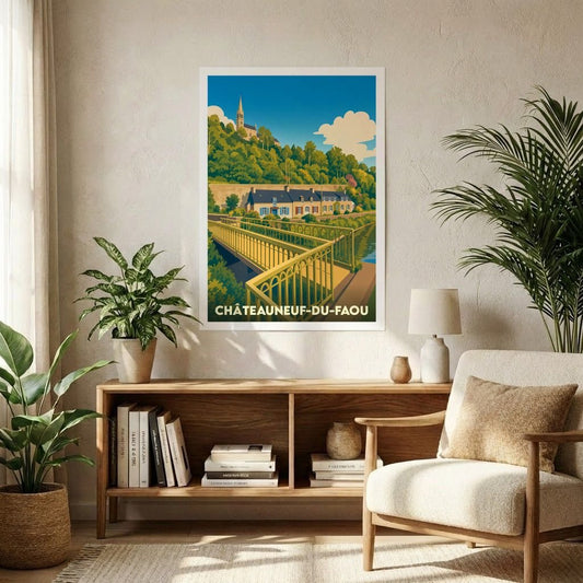 Affiche souvenir de la ville de Châteauneuf-du-Faou avec une illustration stylisée et colorée.