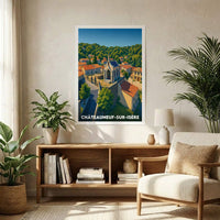 Affiche souvenir de la ville de Châteauneuf-sur-Isère avec une illustration stylisée.