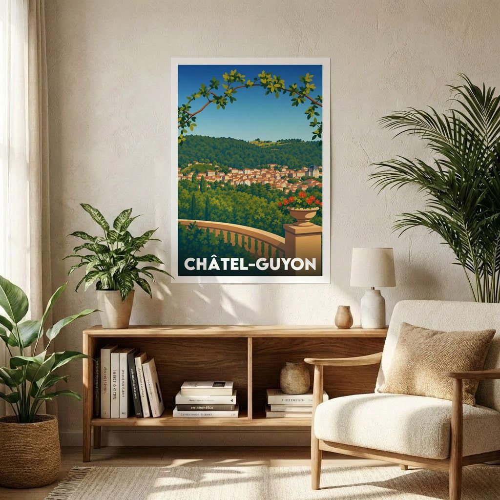 Affiche souvenir de la ville de Châtel-Guyon représentant une vue panoramique stylisée depuis une terrasse fleurie.