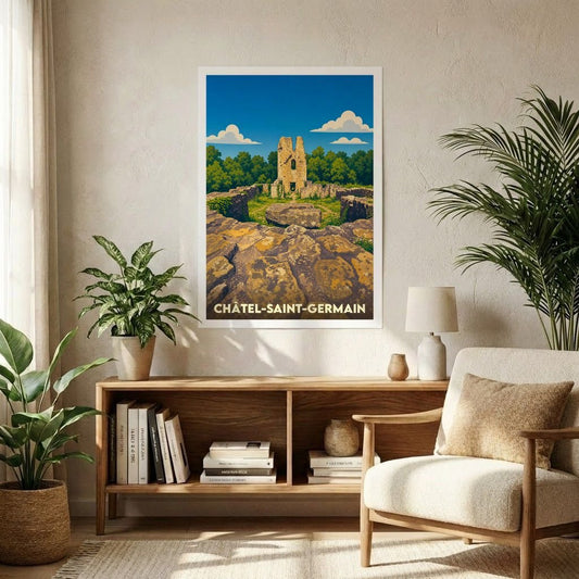 Affiche souvenir de la ville de Châtel-Saint-Germain représentant une illustration stylisée de ses ruines historiques.