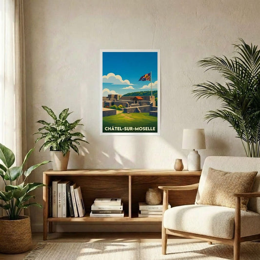 Affiche souvenir de la ville de Châtel-sur-Moselle avec une illustration stylisée de sa forteresse médiévale.