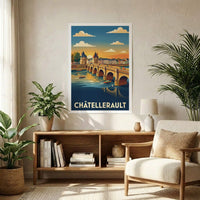 Affiche souvenir de la ville de Châtellerault présentant une illustration stylisée de son pont emblématique.