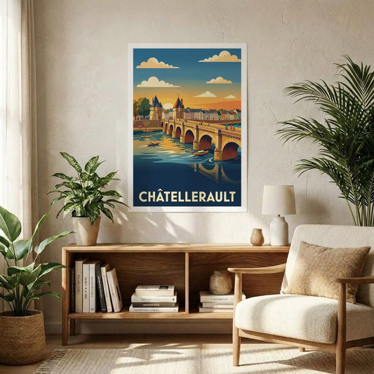 Affiche souvenir de la ville de Châtellerault présentant une illustration stylisée de son pont emblématique.