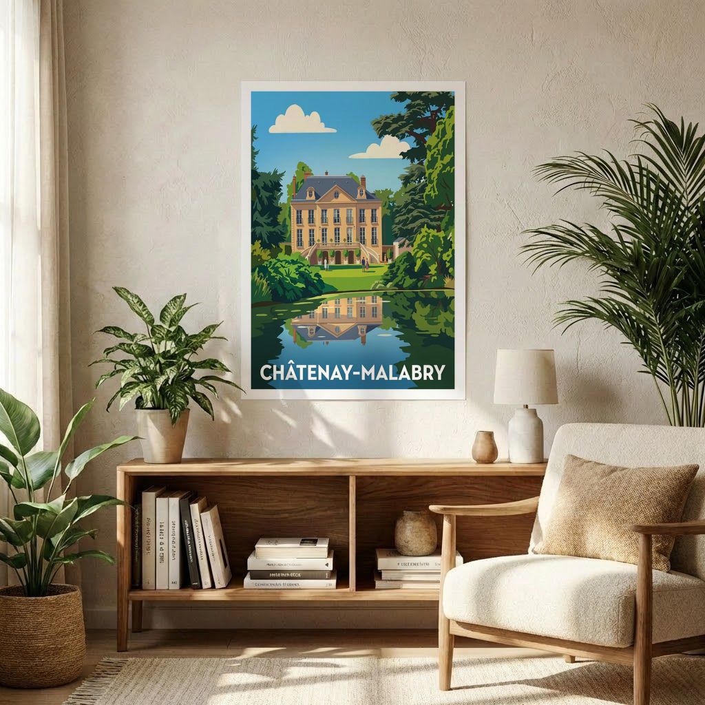 Affiche souvenir de la ville de Châtenay-Malabry avec une illustration stylisée d'une demeure entourée de verdure se reflétant dans l'eau.