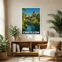 Affiche souvenir de la ville de Châtillon avec une illustration stylisée de son paysage urbain et de son cours d'eau.