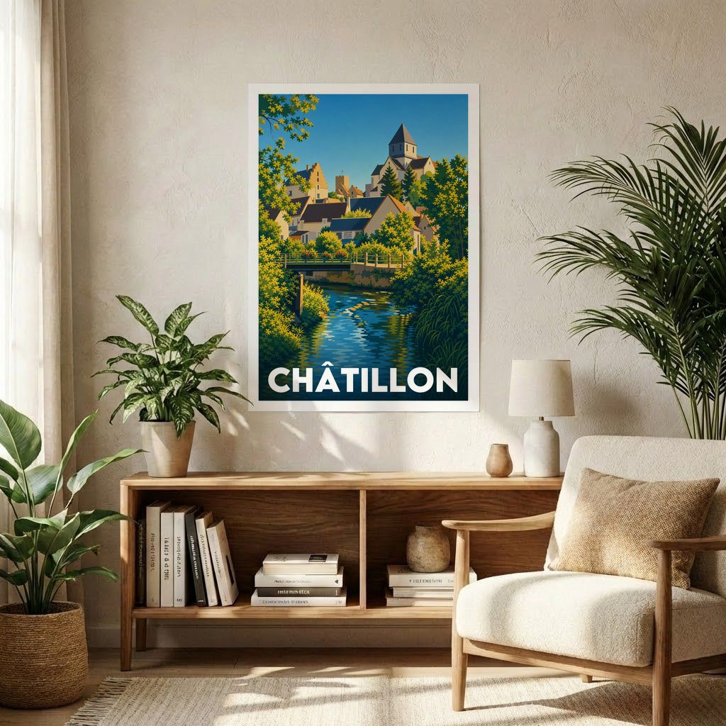 Affiche souvenir de la ville de Châtillon avec une illustration stylisée de son paysage urbain et de son cours d'eau.