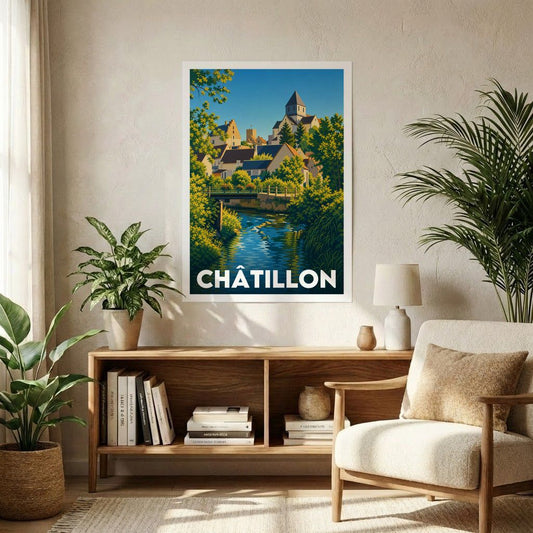 Affiche souvenir de la ville de Châtillon avec une illustration stylisée de son paysage urbain et de son cours d'eau.