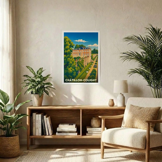 Affiche souvenir de la ville de Châtillon-Coligny avec une illustration stylisée de son château et de ses jardins.