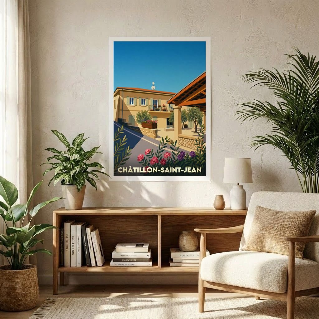 Affiche souvenir de la ville de Châtillon-Saint-Jean avec une illustration stylisée et colorée.