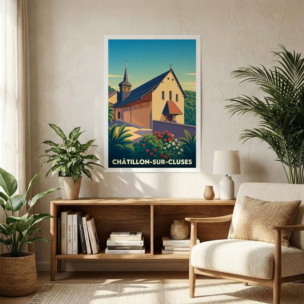 Affiche souvenir de la ville de Châtillon-sur-Cluses illustrant son église dans un style graphique épuré.