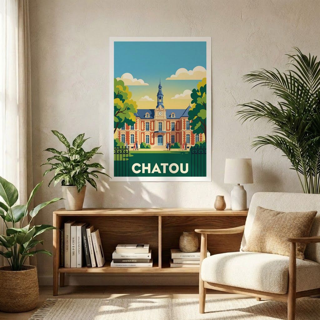 Affiche souvenir de la ville de Chatou avec une illustration stylisée d'un bâtiment historique.