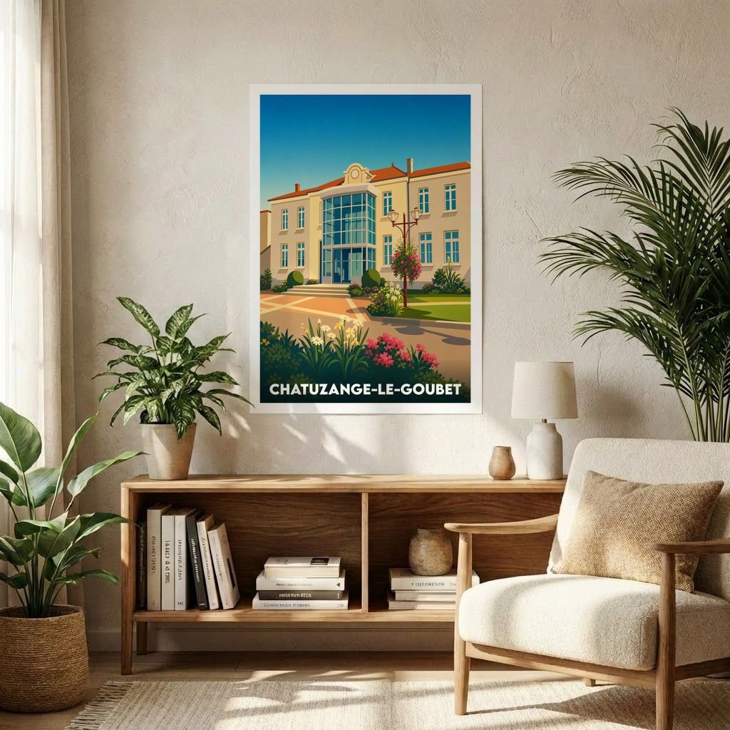 Affiche souvenir de la ville de Chatuzange-le-Goubet avec une illustration stylisée de son architecture.