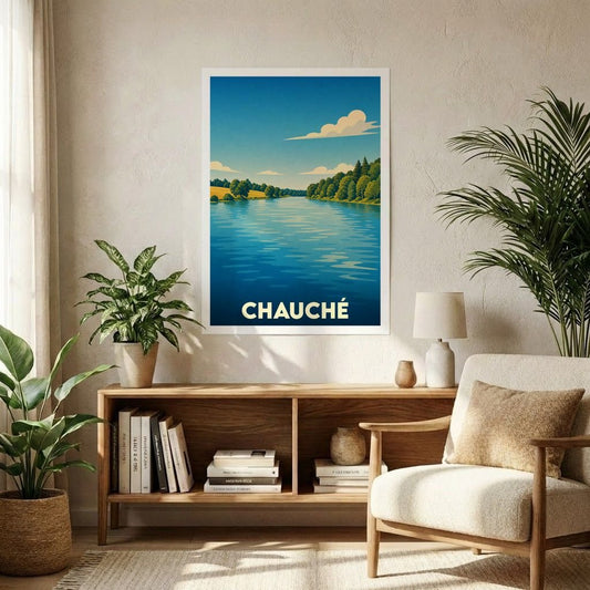 Affiche souvenir de la ville de Chauché illustrant un paysage de rivière paisible sous un ciel azur.