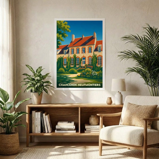 Affiche souvenir de la ville de Chauconin-Neufmontiers avec une illustration stylisée de sa mairie dans un cadre verdoyant.