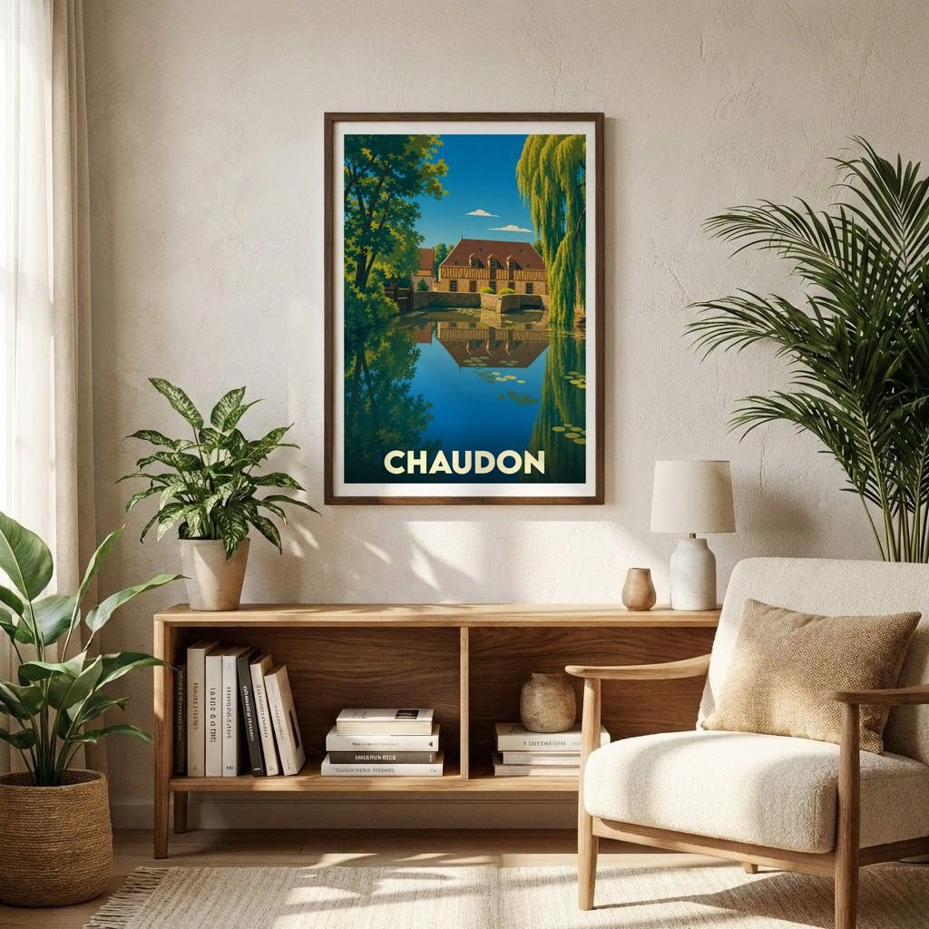 Affiche souvenir de la ville de Chaudon illustrant un bâtiment historique se reflétant dans l'eau.